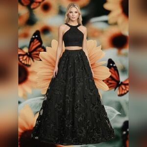 Jolene Black Two-Piece Prom Gown - Crop Halter Top & Embroidered Ball Skirt